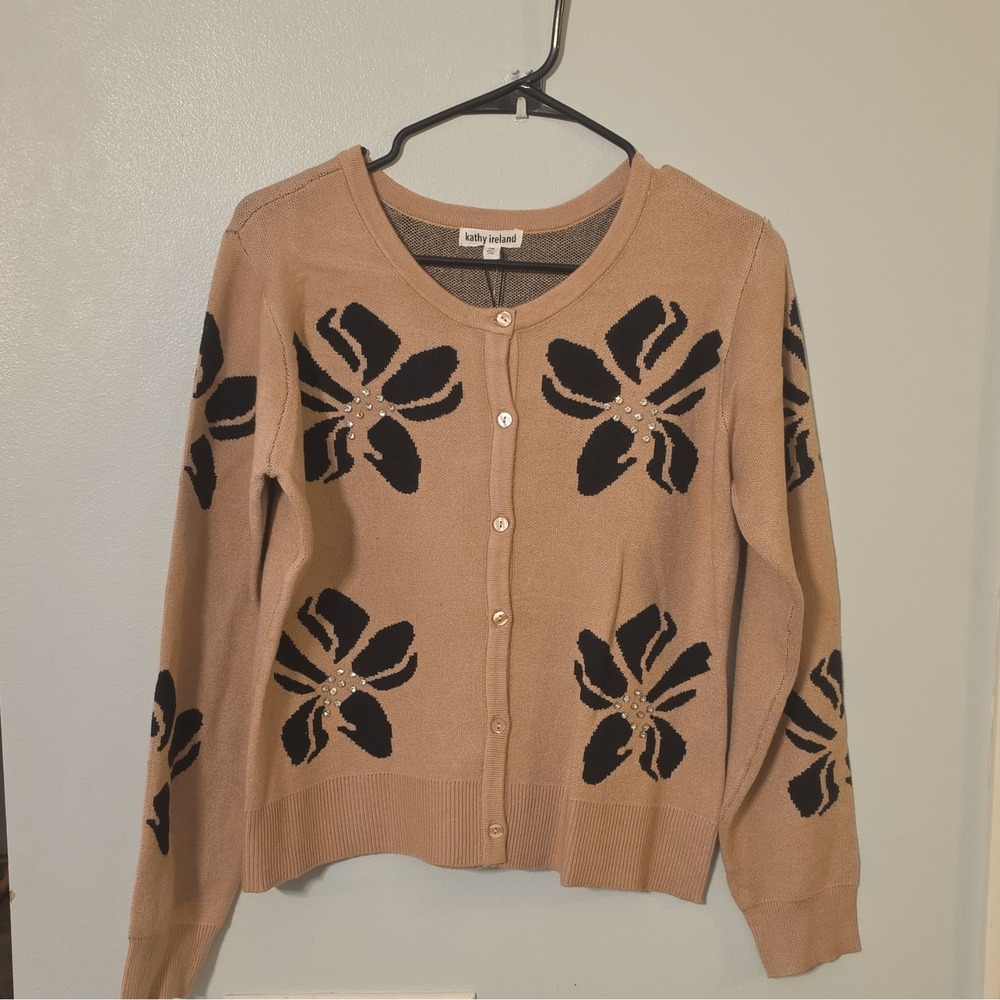 Kathy Ireland Women's Beige Black Knit Crew Neck Floral Rhinestone Cardigan #152